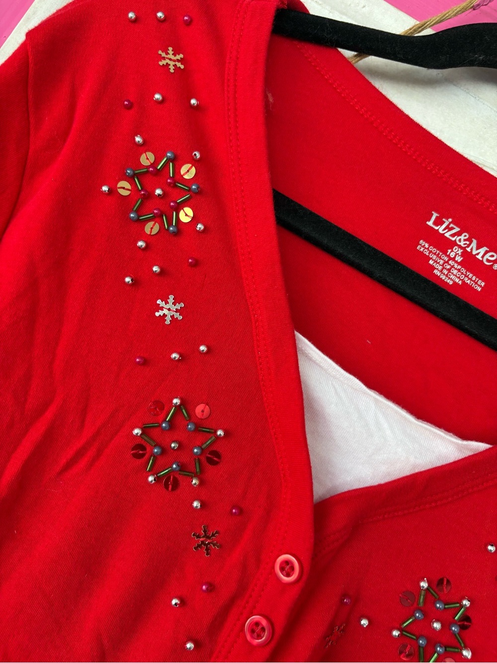 Liz & Me Red Embellished Holiday Cardigan